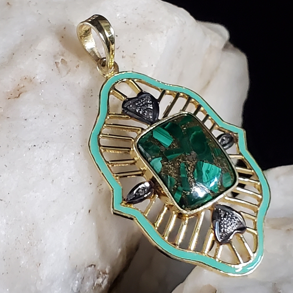 Sterling Silver 925/18kt Gold Genuine Malachite/Diamond Gemstone - Picture 5 of 13